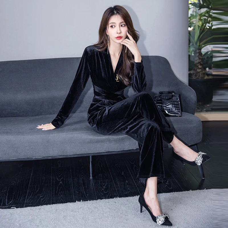 Korean Fashion Spring Autumn Velvet Jumpsuit Women High Waist Office Lady Black Jumpsuits Combinaison Femme Elegant Overalls