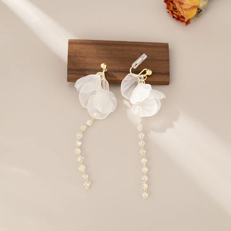 JINDOOR Fairy Tassel White Alloy Clip-On Earrings, Non-Pierced Ear Cuffs, Boho Chic Jewelry for Women, Perfect for Gift Giving