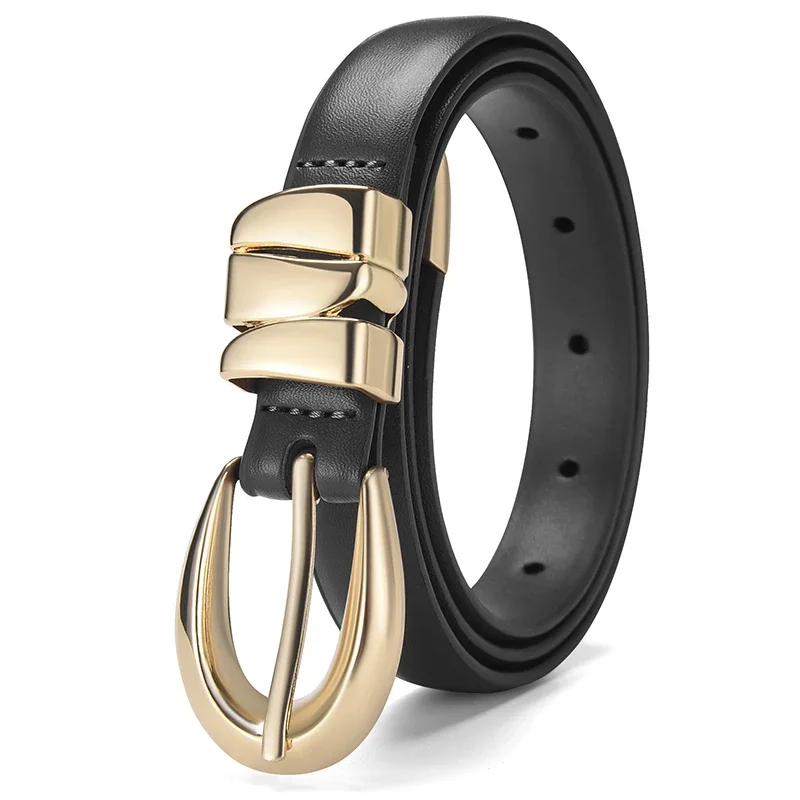 2026年新作 レディース スリムフィット PUベルト、細身ウエストバンド、デニムパンツ、フォーマルパンツ、ゴールドバックル付きおしゃれな黒ベルト