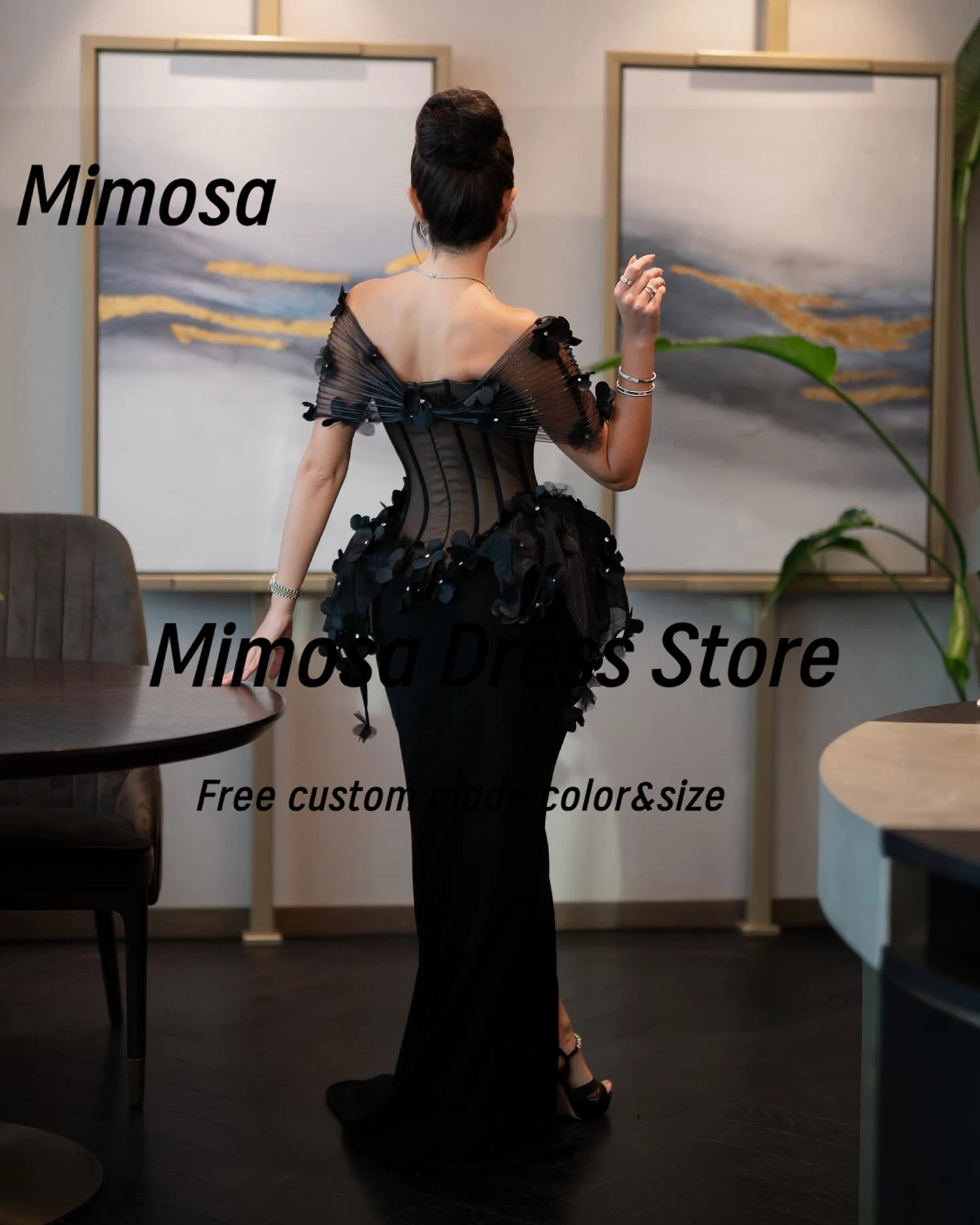 ميموزا الأسود فساتين لحضور الحفلات الموسيقية قبالة الكتف مطرز 3D-الزهور Vestidos Des Fiesta الجانب الشق مثير فستان الحفلات المسائية مخصص