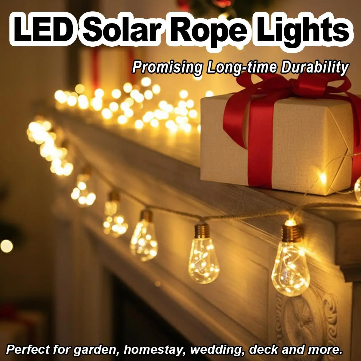 8M Solar String Lights 16 Led Bulb Colorful Fairy Lamp Backyard Party Christmas Waterproof Outdoor Vintage Rope Hemp Copper Wire