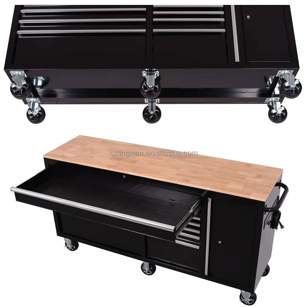 Standard Duty 72 In. W X 20 In. D 10-Drawer Black Mobile Workbench Cabinet With Solid Wood Top
