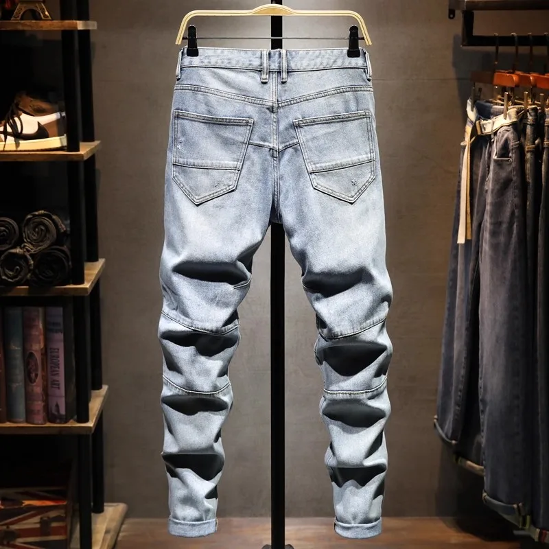 Street Designer Fashion Men Jeans Retro Light Blue Stretch Slim Fit Multi Pockets Denim Cargo Pants Patched Hip Hop Biker Jeans