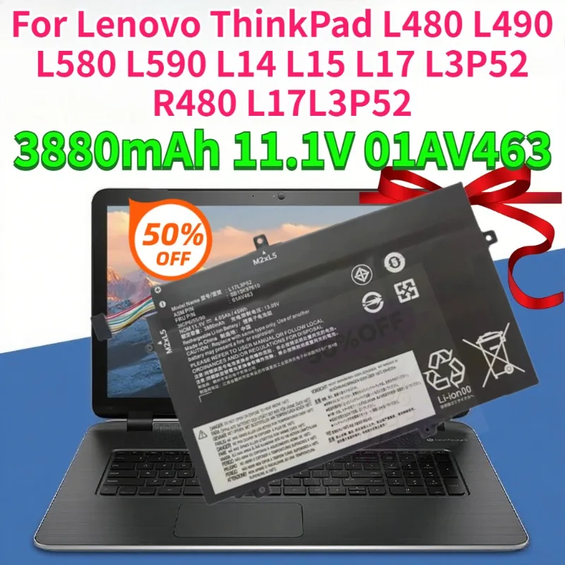Upgrade 3880mAh 11.1V 01AV463 L17L3P52 Laptop Battery Replacement for Lenovo ThinkPad L480 L490 L580 L590 L14 L15 L17 L3P52 R480