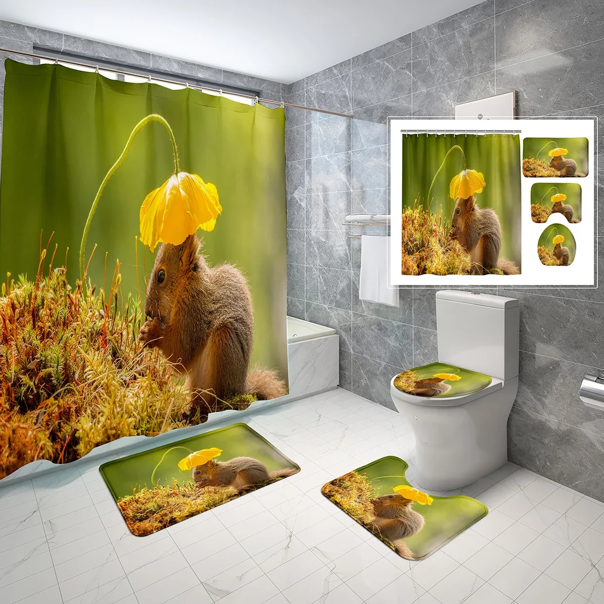 

4 Pcs Animal Series Shower Curtain Sets with Toilet Lid Cover and Non-slip Bath Mat Cute Squirrel Waterproof Shower Curtain Set