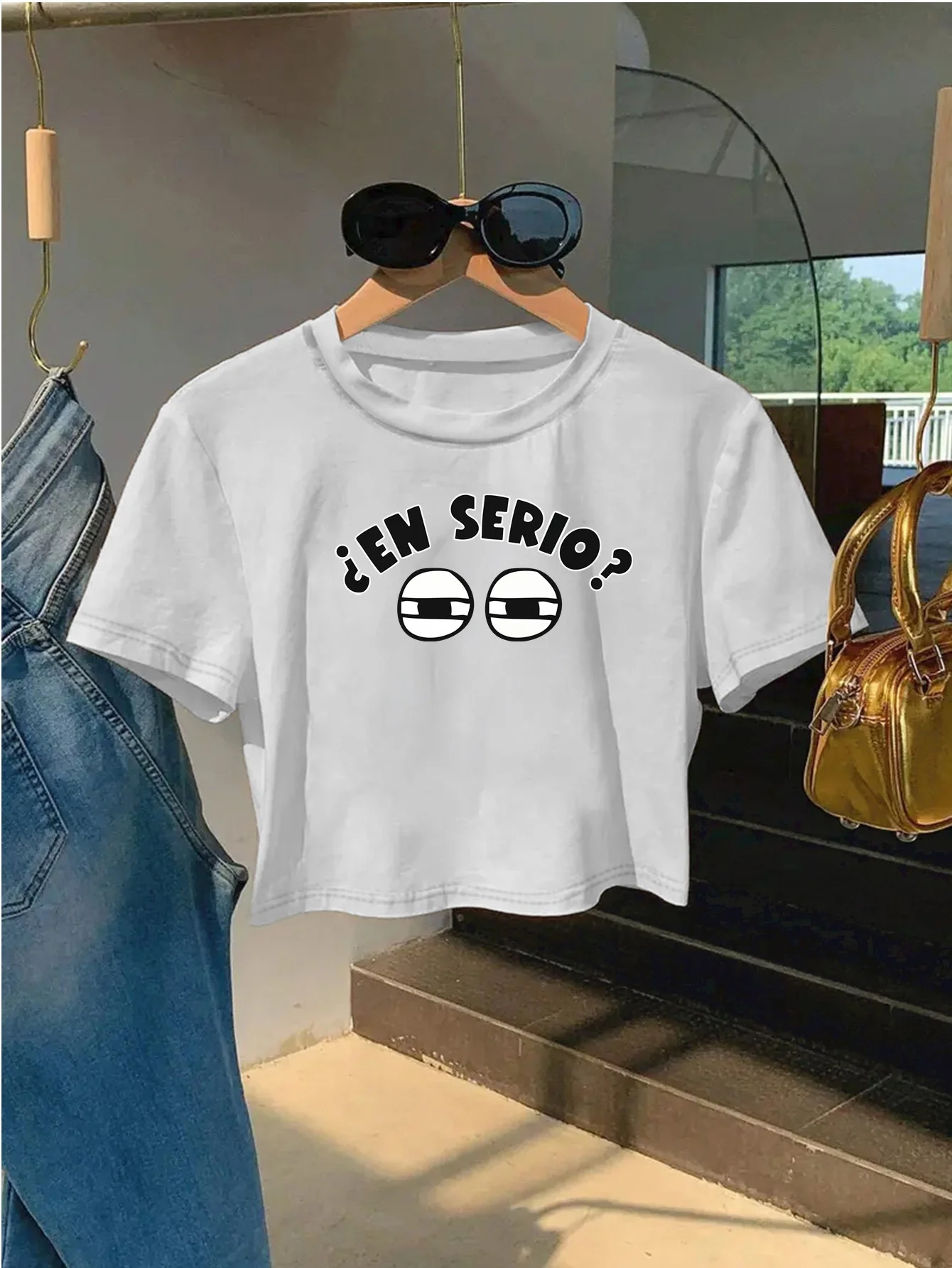 

"¿Qué Sé Nada / I Don't Know" Funny Spanish Phrase with Eyes Mouth Print Slim-Fit Short Sleeve Round Neck Casual Summer Top