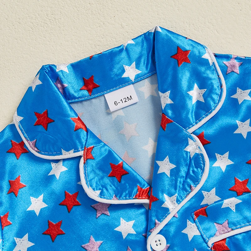 Women s Patriotic Fourth of July Pajama Set with Short Sleeve Star Print Button Down Shirt and Shorts - Sleepwear Set for