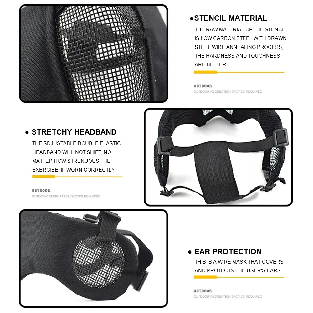 Tactical Airsoft Mask Half Face Paintball Shooting CS Foldable Steel Mesh Mask With Ear Protection Militar Hunting Cosplay Mask