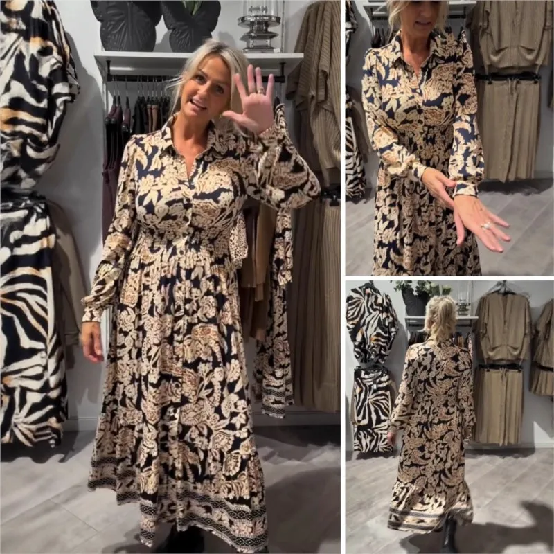 Long Dresses Luxury Abstract Print Elegant Vintage Spring Autumn Multicolor Maxi Shirt Dress Resort Seaside Boho Festivals