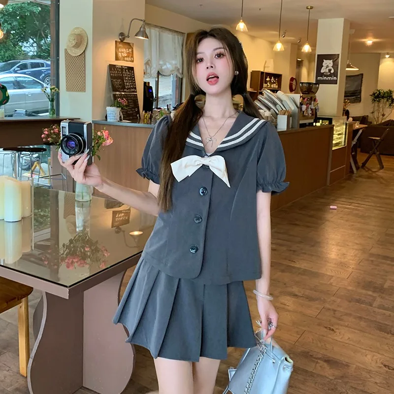 

Summer Preppy Style Sweet Set Women Sweet Design Sense Solid Color Short Sleeve Navy Collar Two Piece Set Female