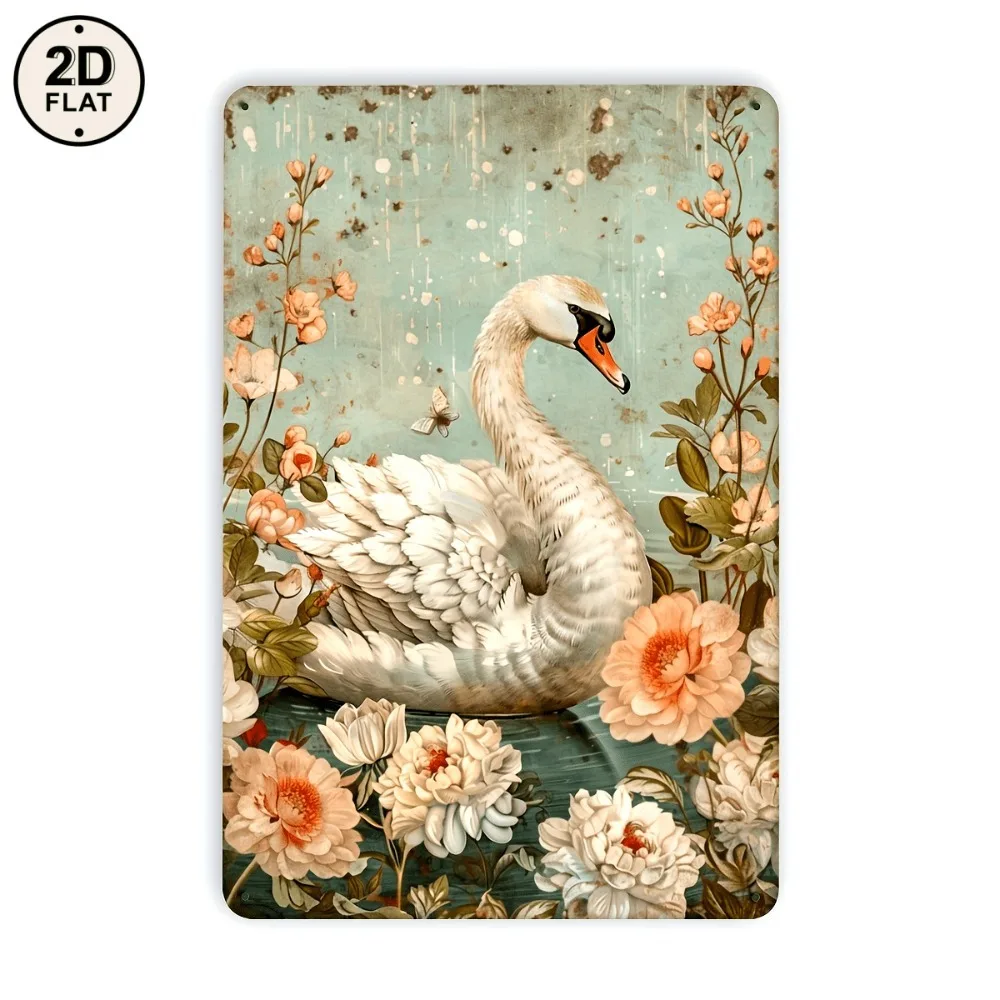 Vintage-Schwan-Blumen-Metallschild aus Eisen, 20,3 x 30,5 cm, Retro-Wanddekoration, Plakette für Wohnzimmer, Schlafzimmer, Café