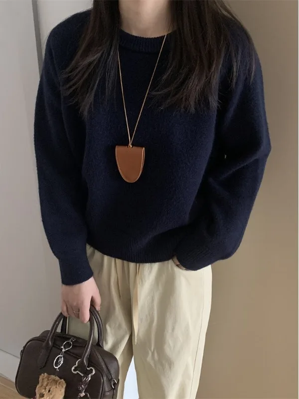 

Basic Knitted Sweater Women's Simple Color All-Match round Ne Pullover Loose Korean Sle Autumn Winter Base irt