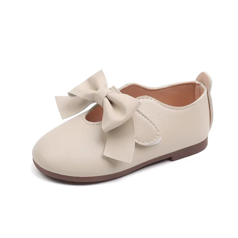 Children Leather Shoes with Bow-knot Round-toe Solid Color Soft Kids Casual Shoes Sweet Princess Girls Flats Moccasin Shoes