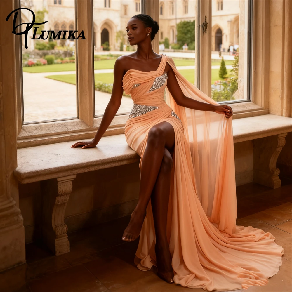 

DTLumika Peach One-Shoulder Evening Gown with Draped Cape Sequins Plus Size Flowy Chiffon Prom Dresses Women Formal Party Gown