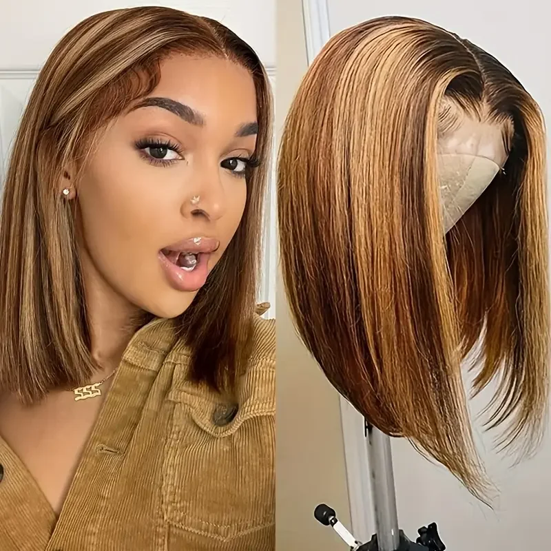 

13x4 Straight 4/27 Brown Blonde Straight Bob Wig Frontal Human Hair Short Wigs Transparent Human Hair Bob Wig Highlight Bob Wig