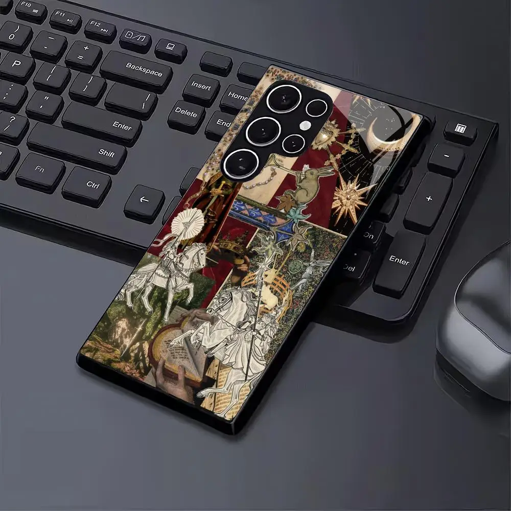 Medieval Knight tempered glass phone case suitable for Samsung Galaxy S26 S25 S24 S23 S22 S20 FE/Ultra/Plus anti drop back cover