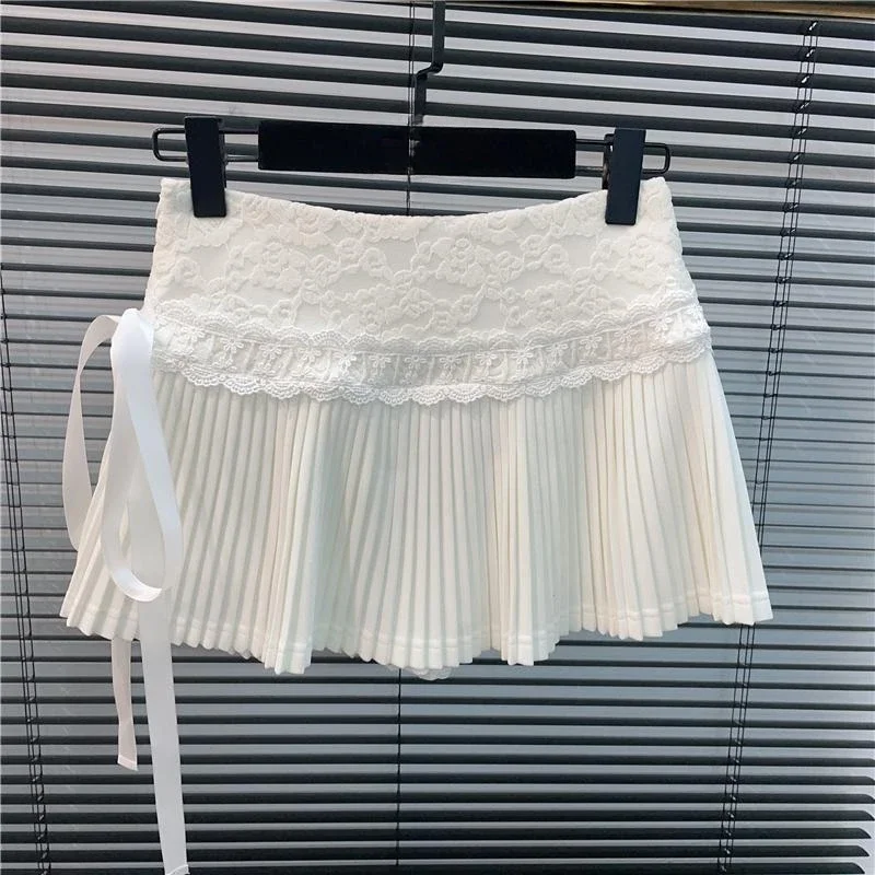 Letnie plisowane spódnice dla kobiet Koronkowy patchwork Jupe 2025 Faldas Mujer De Moda Cute Saia Y2k Estetyczna bandażowa kokardka Mini spódniczka
