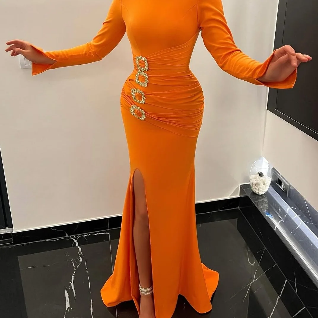 Customized Exquisite Jersey Straight Crystal Evening Dresses High Neckline Long Sleeves Panel Train Bespoke Occasion G