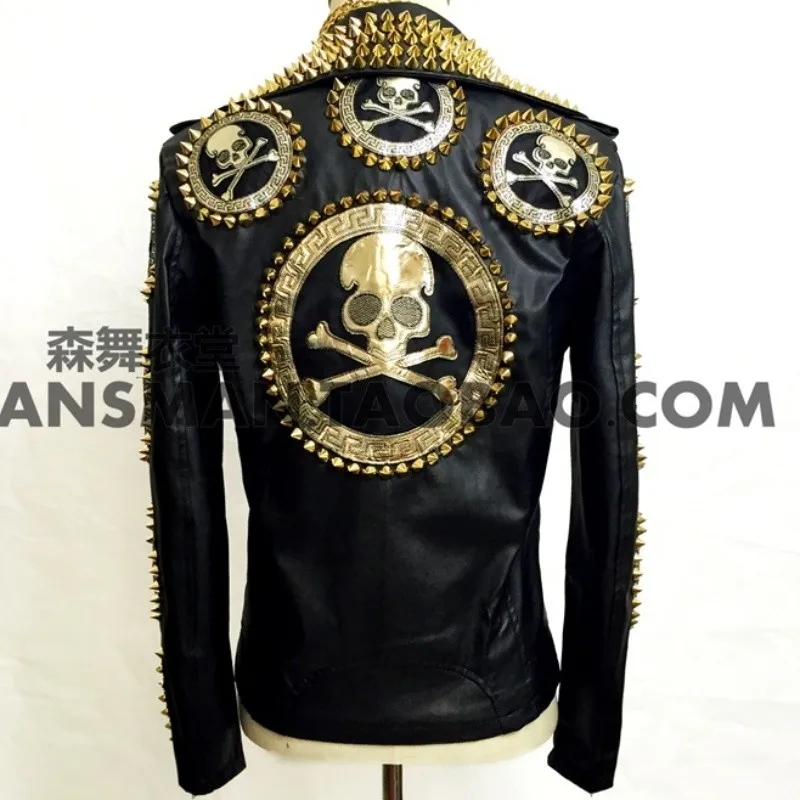 2024 Men New Fashion Slim Jackets DJ Male Skeleton Head Rivet Motorcycle Leather Jacket Plus Size Coat Costume Singer Outerwear