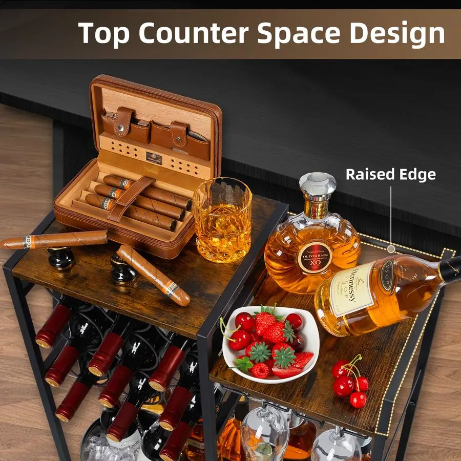 Liquor Cabinet with 9Bottle for Home Bar, Versatile Wine Rack Freestanding Floor with Glass Holder and Fences, Mini Bar Table Li