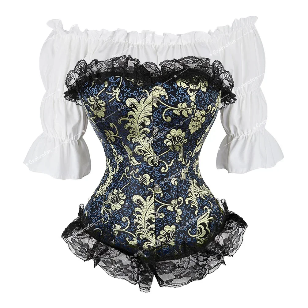 Corset Blouse for Women Pirate Set Floral Embroidery Corsets Bustier Outfits Vintage Overbust Corsage 2 Piece Steampunk Costumes