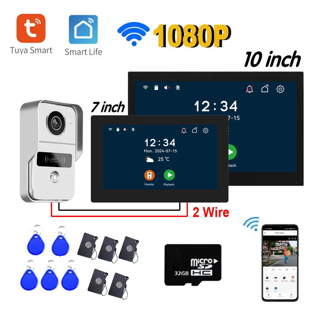 New HD 7/10inch 2 Wire Intercom Door Bell Video Intercom System For Home Doorphone WiFi Tuya Smart Life APP 1080P Touch Monitor