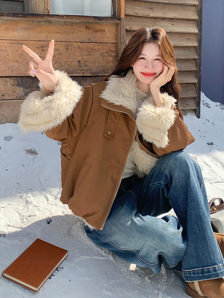 

Ретро-куртка из овечьей шерсти премиум-класса для женщин, двусторонняя, осенне-зимняя, для повседневной носки, свободного кроя, теплая, на молнии