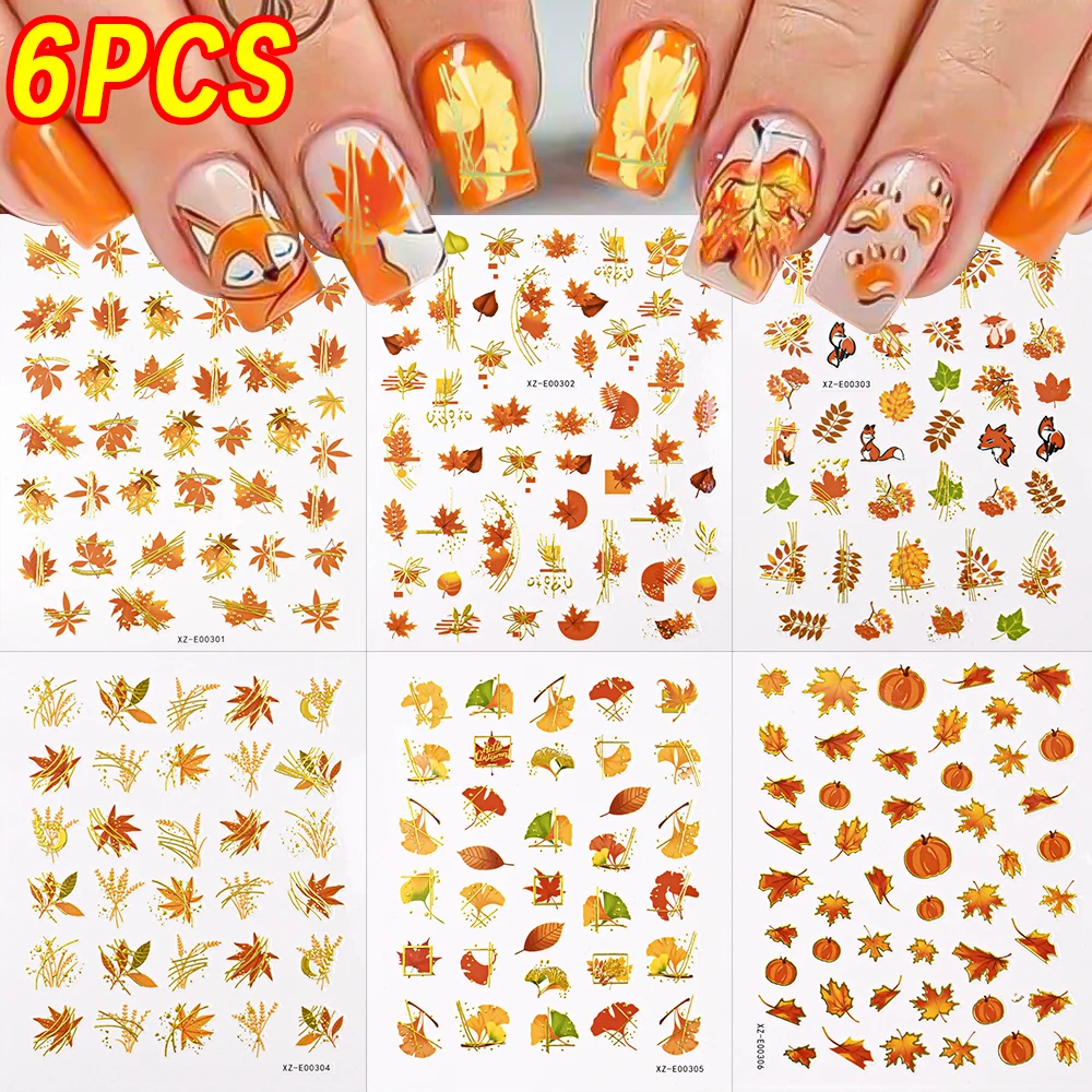 6 Pz set Autunno Oro Zucca Acero Adesivi Per Unghie Ginkgo Volpe Glitter Francese Decalcomanie Pendenti E Ciondoli Decorazione Del Chiodo 8*10 cm Decalcomanie per Manicure