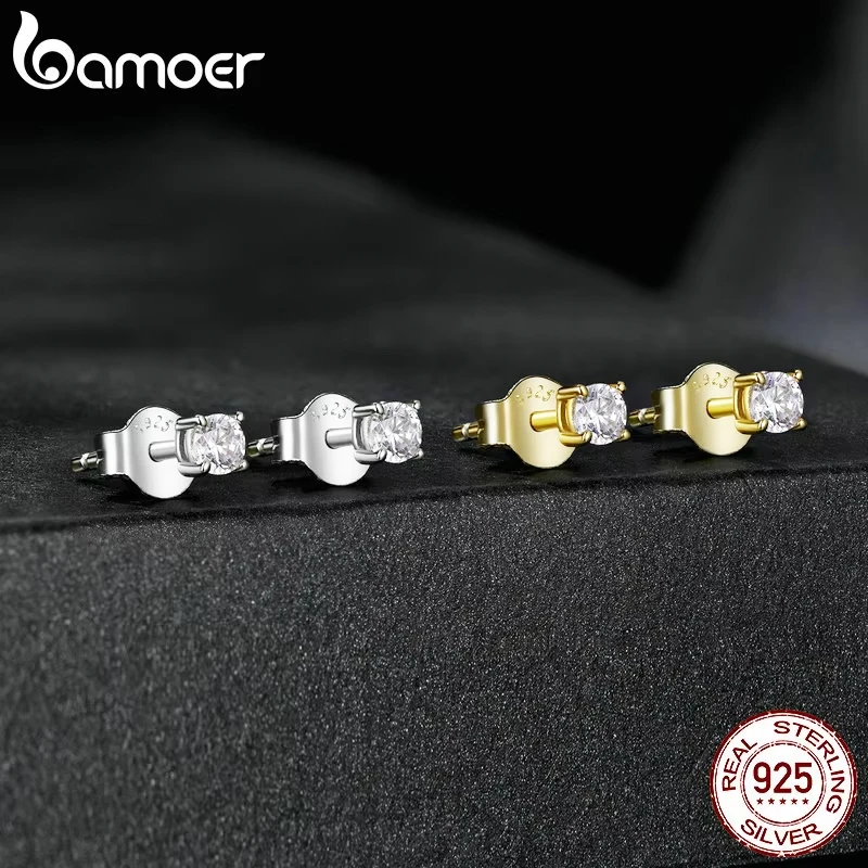 Bamoer 925 Sterling Silver Simple Round Moissanite Stud Earrings for Women Classic Engagement Wedding Fine Jewelry Gift MSE038