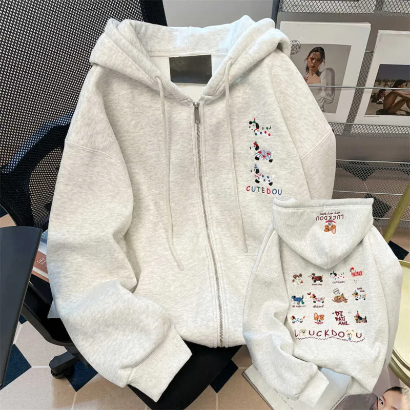 

Японская мода Kawaii толстовка на молнии женская Harajuku милые домашние животные вышивка негабаритная толстовка с капюшоном зимняя милая одежда