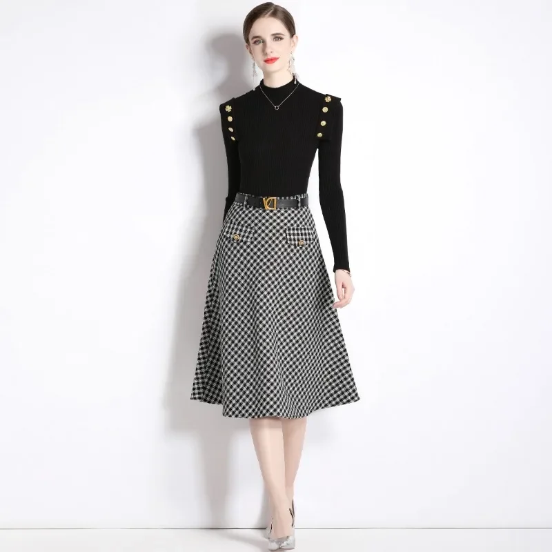 Half Turtleneck Slim Sweater Knit Skirt Retro Suit New Office Ladies Business Black Dress