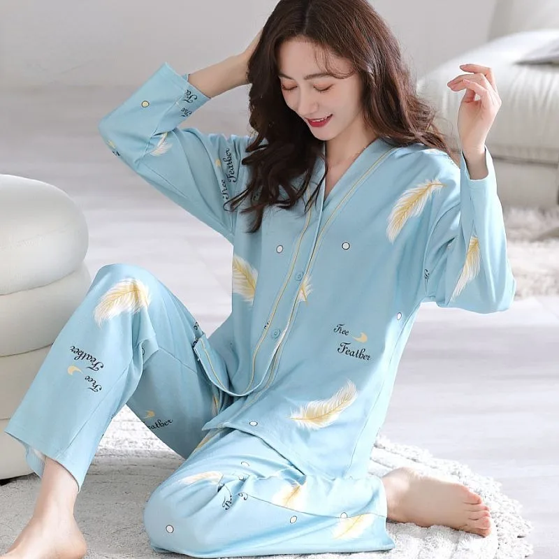 

2024 New 100% Reversible Cotton Pajama Women Spring Autumn Long Sleeve Sleepwear V-neck Young Loungewear Summer Loose Loungewear