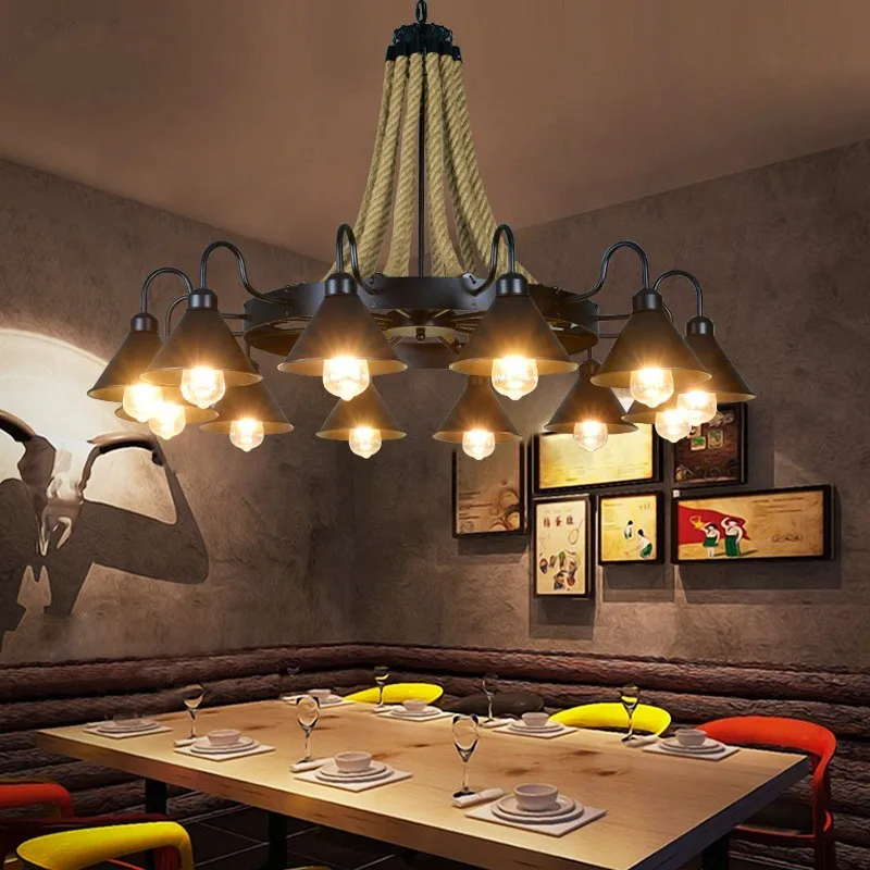 

OUFULA Classical Chandelier Retro Fixtures Loft Design LED Creative Industrial Rope Pendant Lamp for Home Bedroom Hotel
