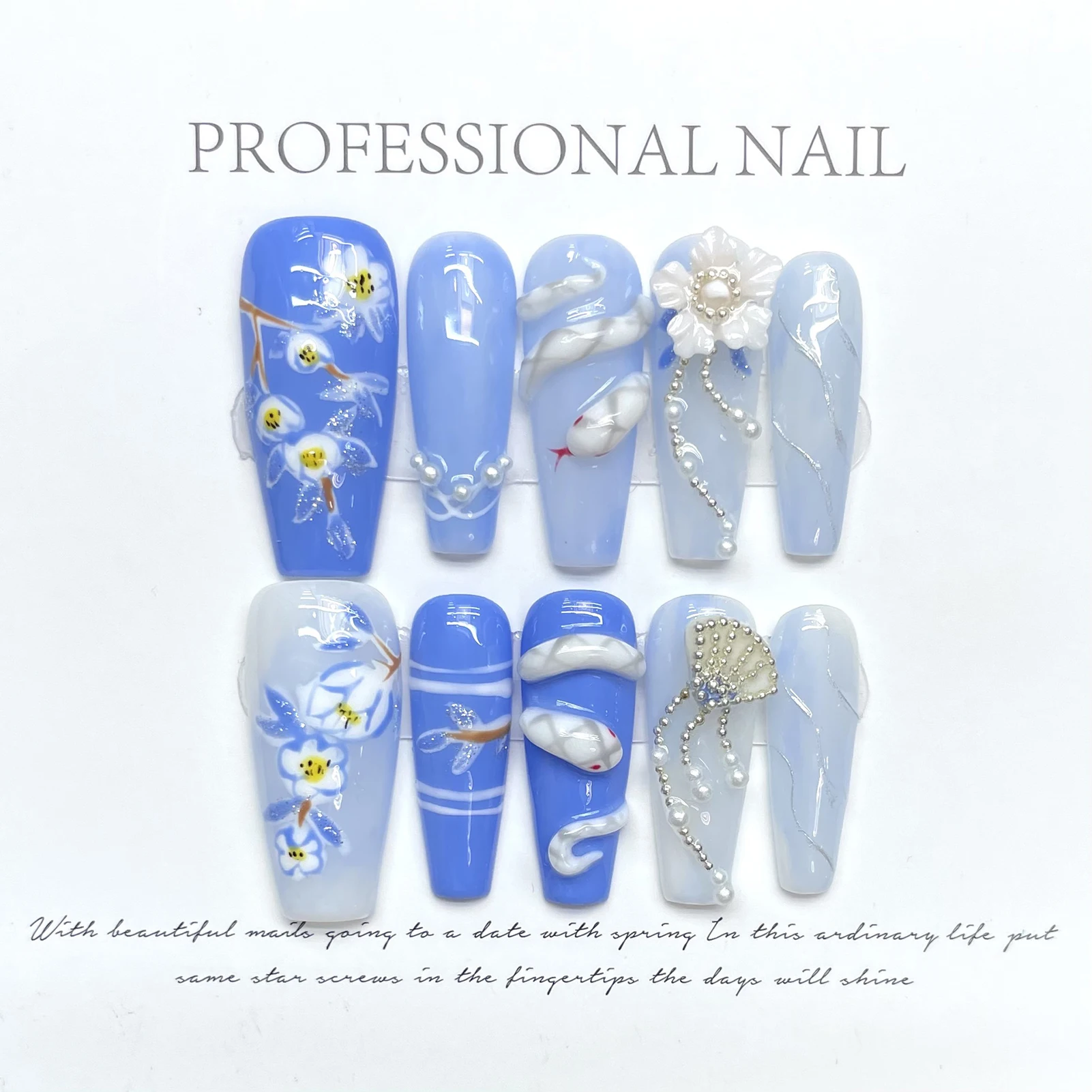 

Handmade Press on Nails Chinese Style 3D Flower Snack Decor Fake Nails Wearable Detchable Long Ballet Blue Color False Nails