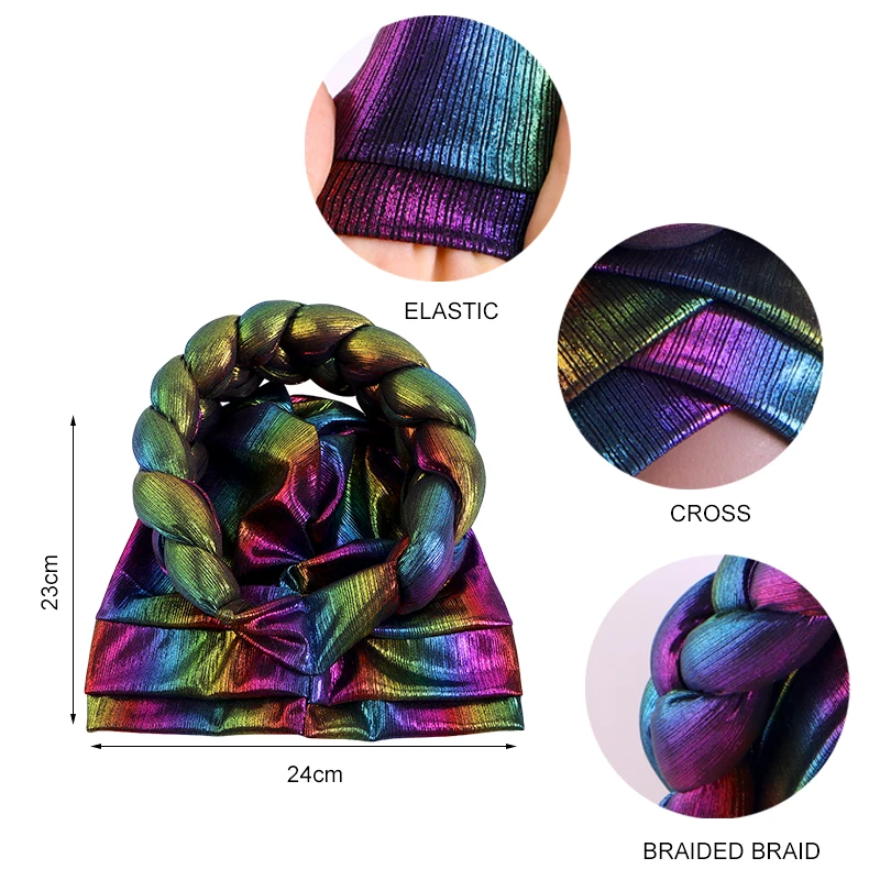 New African Colorful Laser Large Braid Turbans For Women Trendy Gradient Color Elastic Head Wraps Ramadan Chemo Hats Headscarf