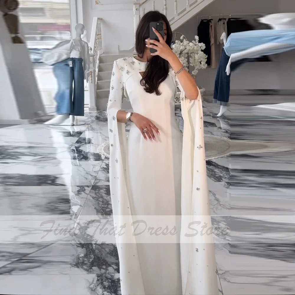 

Custom Made Bridal O-neck Cape Beading Sheath Sexy Evening Gown Floor Length Backless Saudi Arab Dress for Women