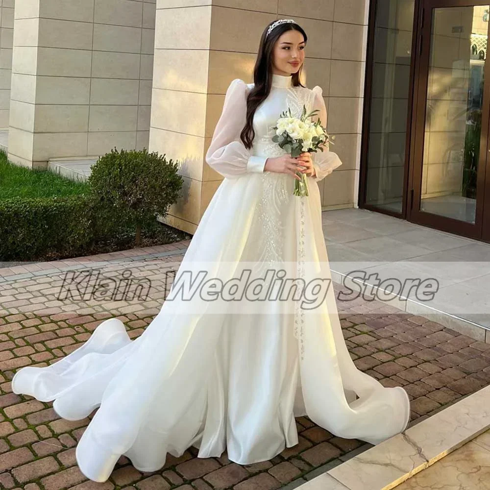 Maßgeschneidertes Luxus-Brautkleid aus Organza mit hoher Applikation und langen Ärmeln, Dubai, bodenlang, elegante Braut- und Abschlussball-Party-Kleider für Damen