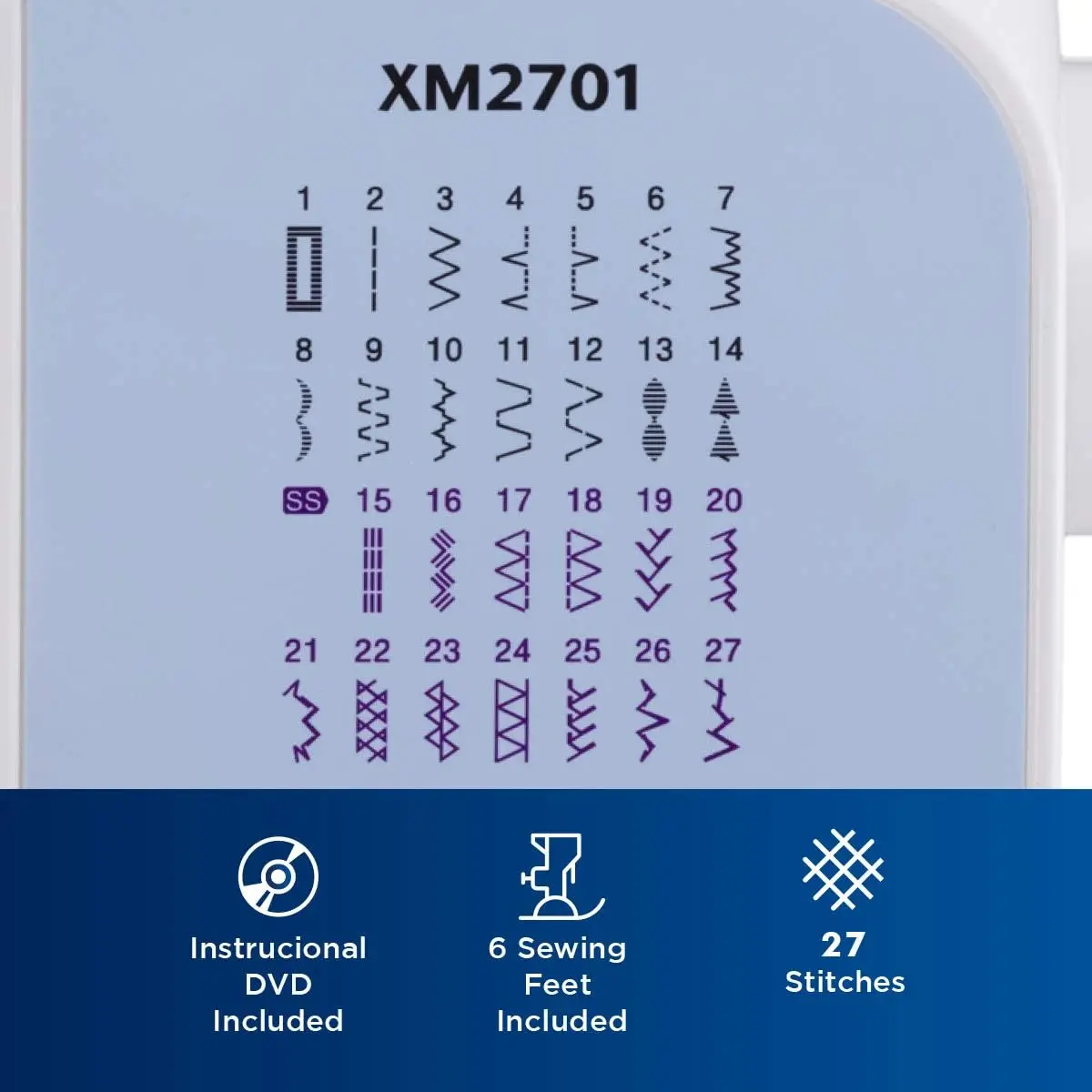 XM2701 máquina de coser ligera con 27 puntadas, 6 pies de costura incluidos