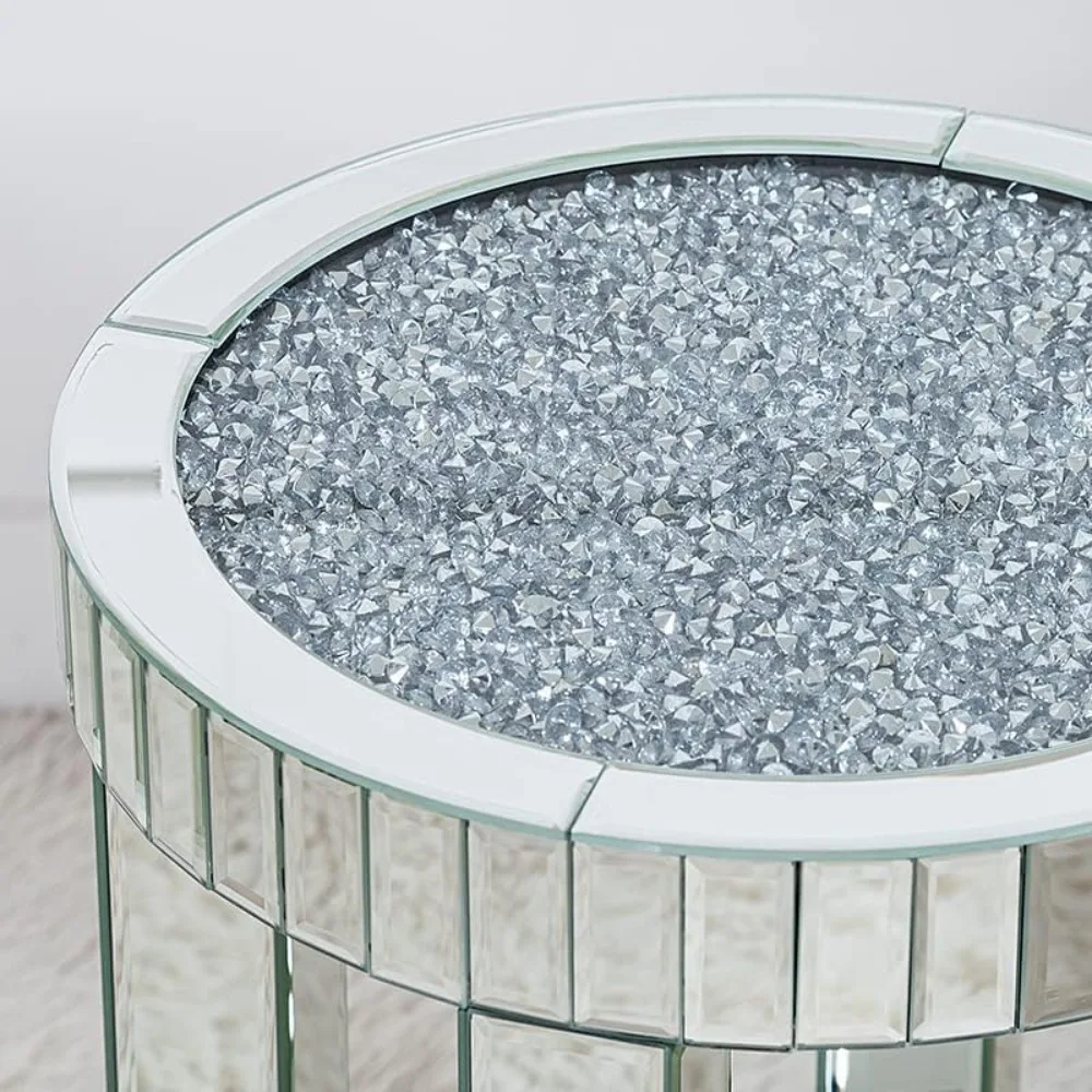 Modern 2-Tier Round End Table with Crystal Inlay, Silver Accent Storage Table for Living Room