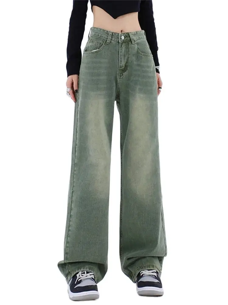 

2024 New Green High Waist Cotton Jeans Women Baggy Jeans Casual Fashion Straight Leg Pants Y2k Denim Trousers Vintage Loose Jean