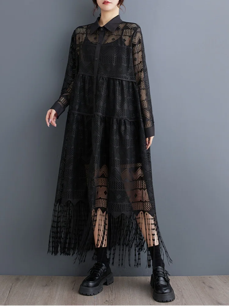 SMTHMA 2023 Nieuwe Lente Herfst Mode Stijl Kant Patchwork Lange Jurk vrouwen Zwart Veelzijdige See Through Losse Shirt Jurken