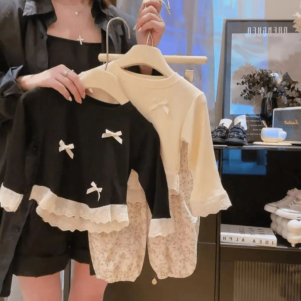 2026 Girls' Autumn New Long Sleeve T-shirt With Bow Lace Korean Style Children's Spring Bottom Shirt 80-150