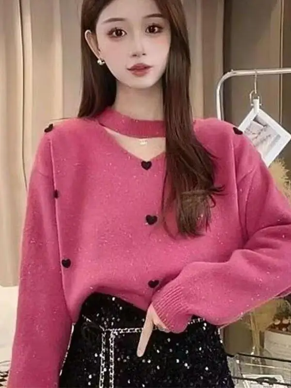 Autumn Winter Loose Knitted Heart V-neck Sweater Women's Elegant Design Simple Style Mid-thick Regular-length Fashionable
