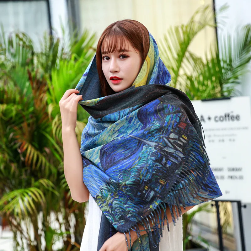 Winter Women's Scarf Luxury Design Double sided Oil Painting Imitation Cashmere Scarf Warm Scarf Shawl