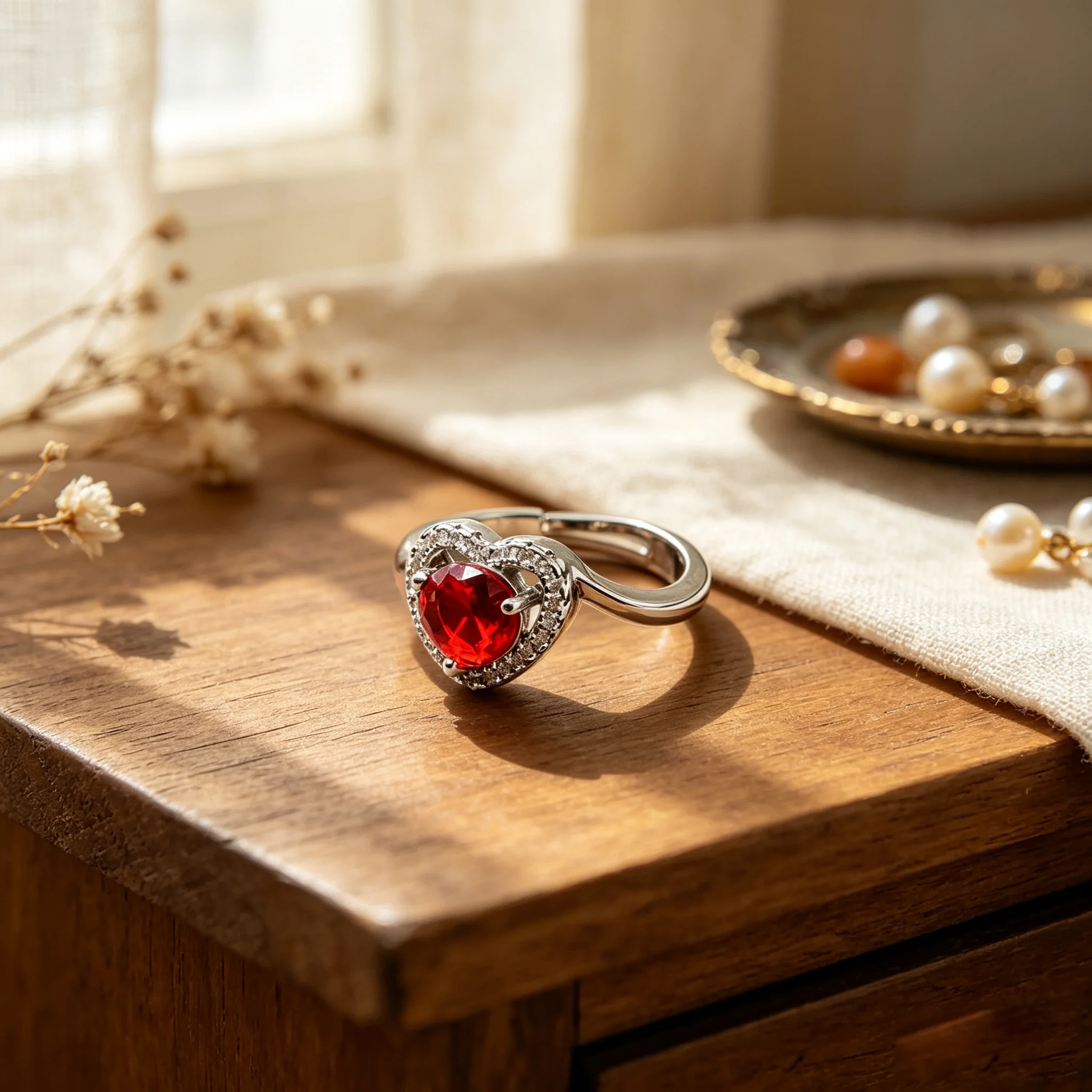 Rotatable Red Heart Ruby Anxiety Ring Women Clear Zircon Halo Spinner Ring Adjustable Open Band Anti Stress Love Jewelry Gift