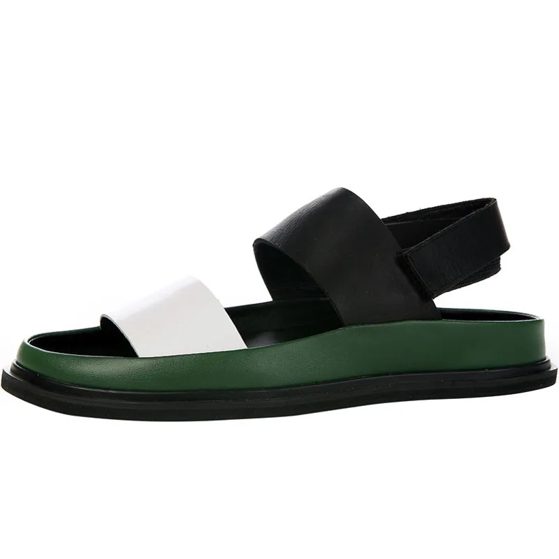 Italian New Men Thick Platform Mixed Colors Beach Sandals Hook Loop Open Toes Gladiator Male Shoes Genuine Leather Slippers
