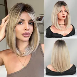 shoulder length straight hair gradient gold eight line bangs natural synthetic fiber full head set Blonde Bob Wig