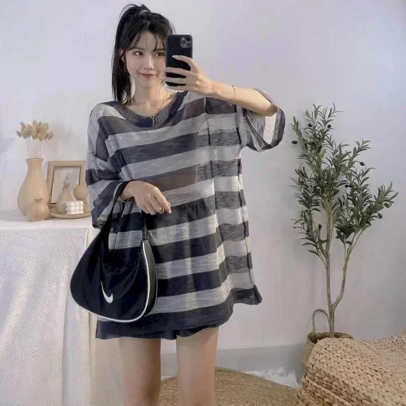 Pop T-shirts For Women Knitted Ice Silk Gothic O-neck Sunscreen Tops Oversized Casual Korean Style Smock Half Sleeve Summer Clot