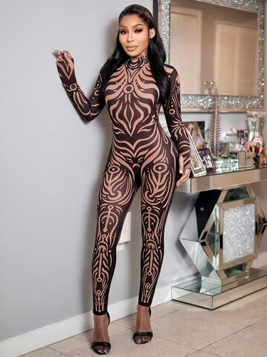 Whatiwear-mono transparente para mujer, diseño de contraste, cuello redondo, manga larga, ajustado, melocotón, cadera, monos de fiesta de medianoche