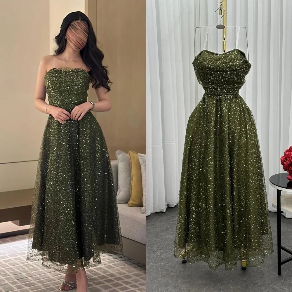 

Customized Sparkle Intricate Beading Sequined A-line Strapless Midi Dresses Bespoke Occasion Dresses Modern Style High Quality